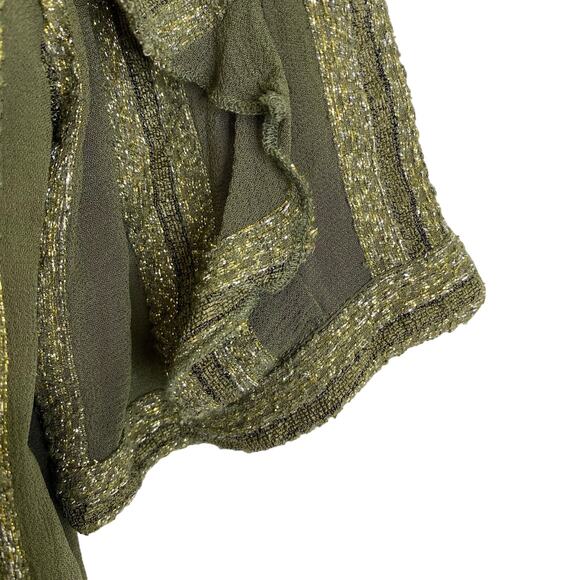 MISA Los Angeles Sedona Ruffle Blouse Womens XS Olive Green Metallic Gold Stripe - Picture 7 of 9